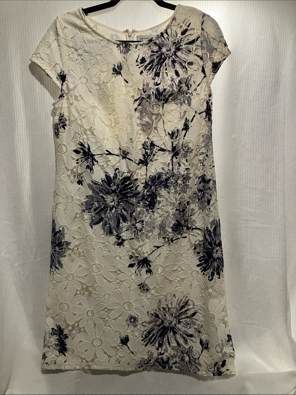 Liz Claiborne Ivory Lace Shift Dress with Gray Floral Print